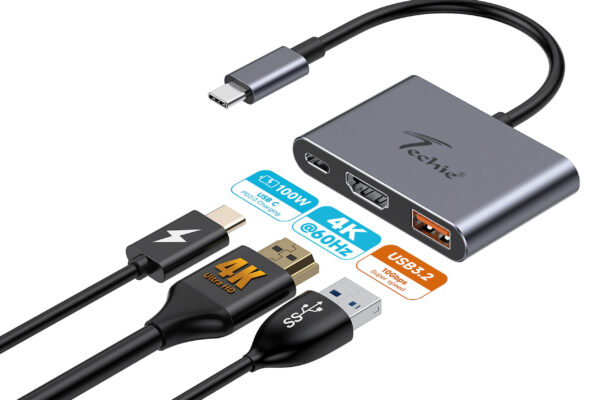 Techie TC Connect 3-in-1 Type C Hub: PD 100W Type-C, USB 3.2 (10Gbps), 4K@60Hz HDMI
