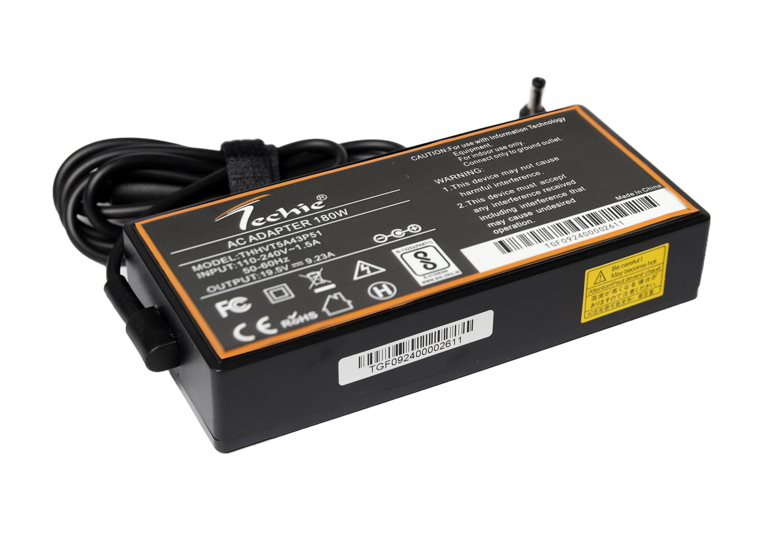 19.5V9.23A5.5*2.5MM MSI SLIM front Techie 180W Laptop Charger for MSI Bravo 15 A4DC, Creator 15 A10SD, GE62, P65 Creator, GS65 Stealth Series (19.5V, 9.23A) 5.5*2.5MM