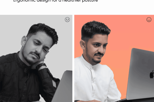 : Before-and-after posture comparison: upright, comfortable typing using the Techie 3-in-1 sleeve as a stand.
